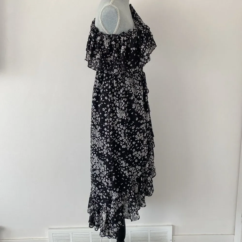 Lulus Floral Black White Ruffled Flounce Midi Dress sz M Sheer Romantic Girly - Picture 7 of 15